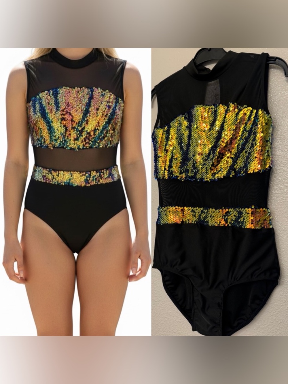 Glamour solo dance costume sequin mesh black gold SA-Small adult NEW